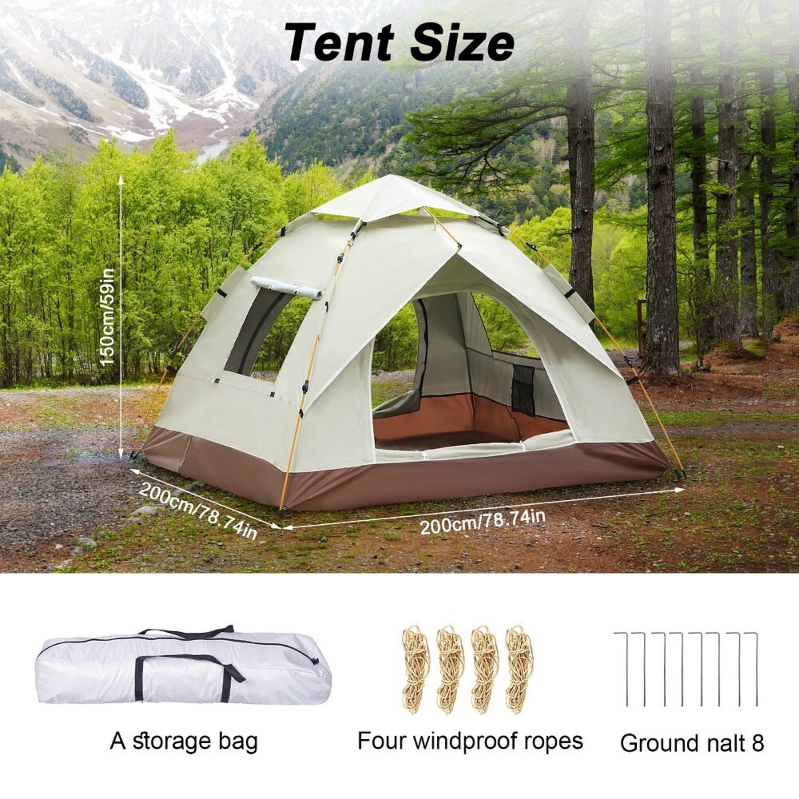 Camping Tent 3 Person Automatic Pop Up Tent, Waterproof Windproof, Easy Setup in 60s, with Rainfly, Carry Bag & Ground Nails, Portable Dome Tent for Family Camping Hiking Traveling