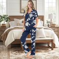 thumbnail image 2 of Yuyamidu Pajama Set for Women 2 Piece Sleepwear Blue Pjs Set Flower Printing Notch Collar Short Sleeve Lounge Sets with Long Pants, 2 of 7