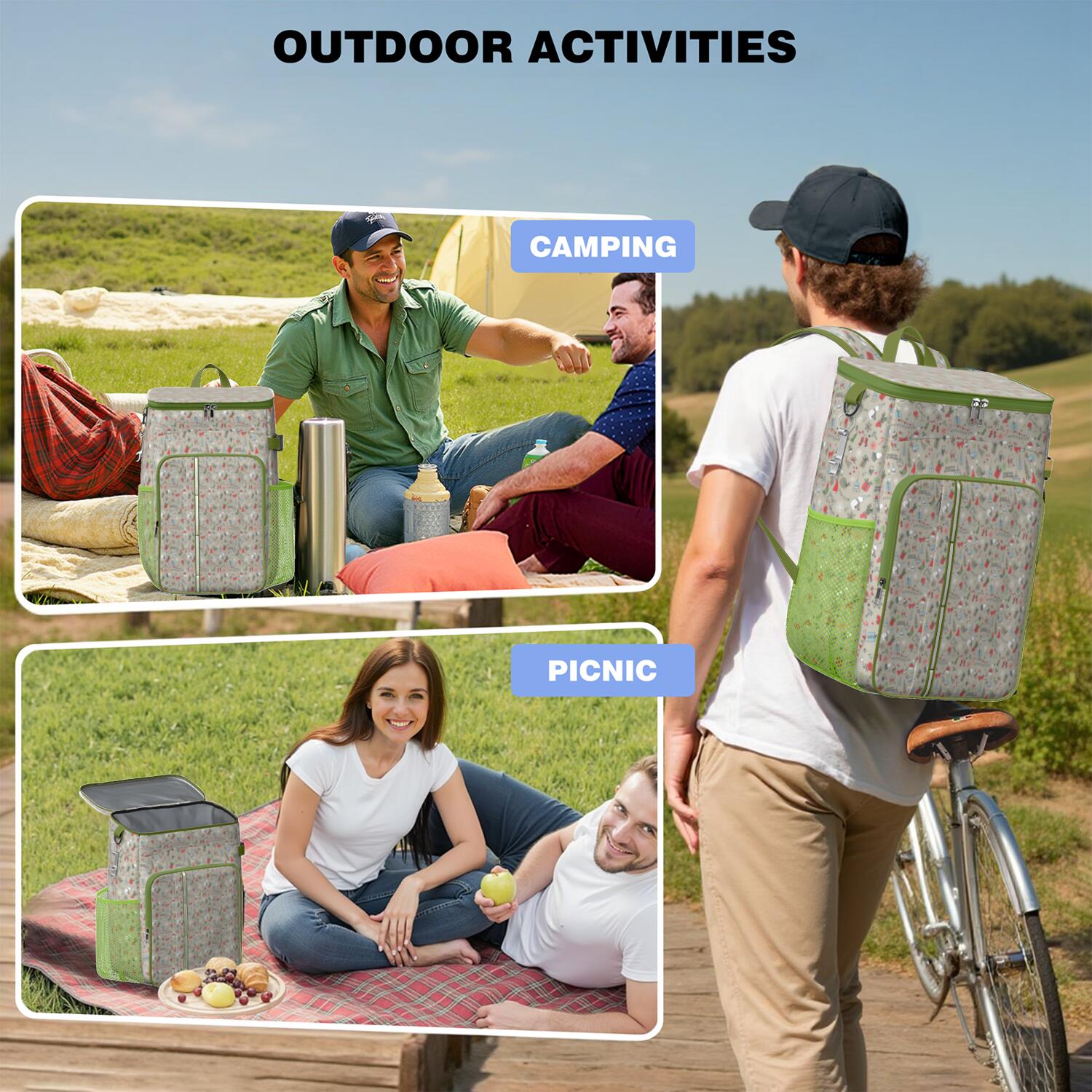Travel Cooler Bag - Gray Christmas Icon Pattern Camping Beer Cooler Backpack with Bottle Opener- Waterproof Insulated Picnic Backpacks - Cooler Bag for Beach