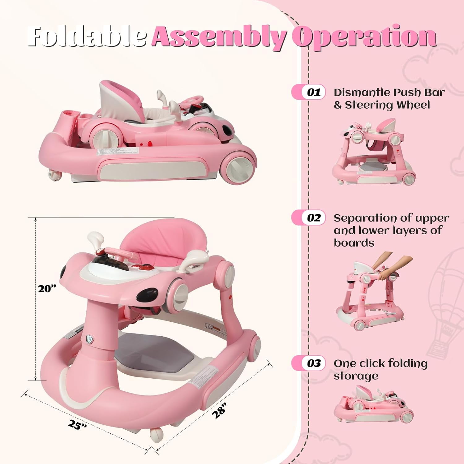 5 in 1 Baby Walker for Boys Girls,Foldable,Music,Light,Jumper,Rocking,Push,Height Adjustable Training Activity for Babies Infant 6-18 Months,Pink