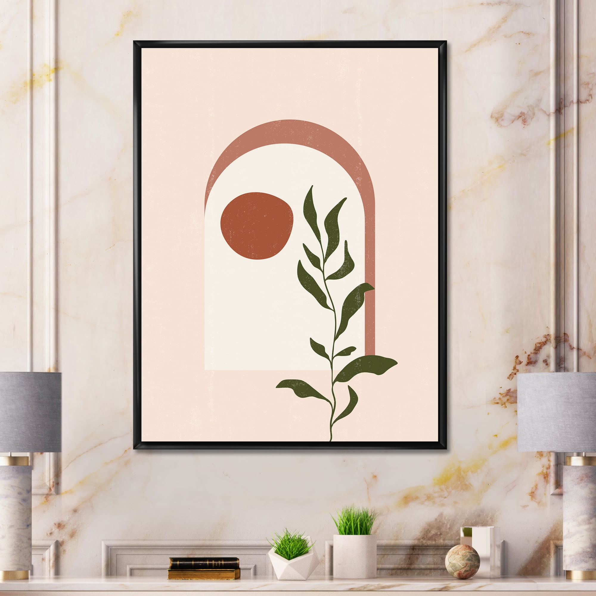 Designart 'Abstract Geometrical Leaf With Moon III' Modern Framed Canvas Wall Art Print