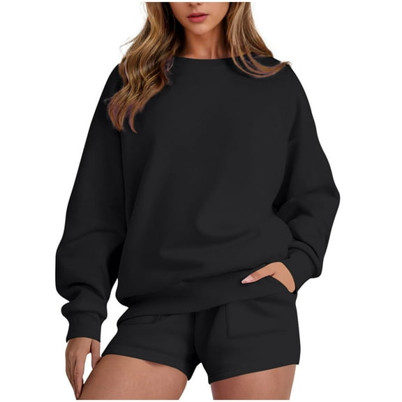 Womens Sweatsuits 2 Piece Set Oversized Crewneck Sweatshirt and Shorts Solid Color Tracksuit Two Piece Workout Sets for Women