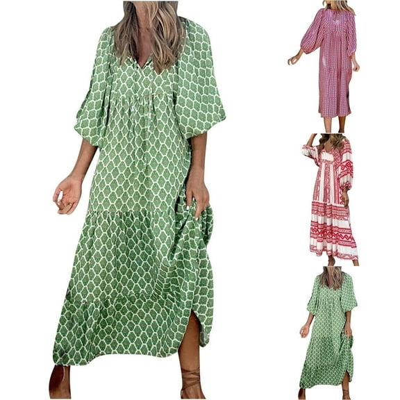 Jinhomg Maxi Dresses for Women Loose Fit Casual Geometric Pattern Tiered Dress Plus Size Comfy Puff Sleeve Maxi Dresses Flowy Bohemian Dresses Deal of The Day Prime Today Mint Green XXXL