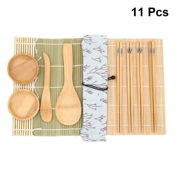 MLINS 11pcs Bamboo Sushi Making Kit with 2 Rolling Mats 4 Pairs Chopsticks 1 Fabric Pouch 2 Sauce Dishes 1 Rice Paddle and 1 Rice Spatula