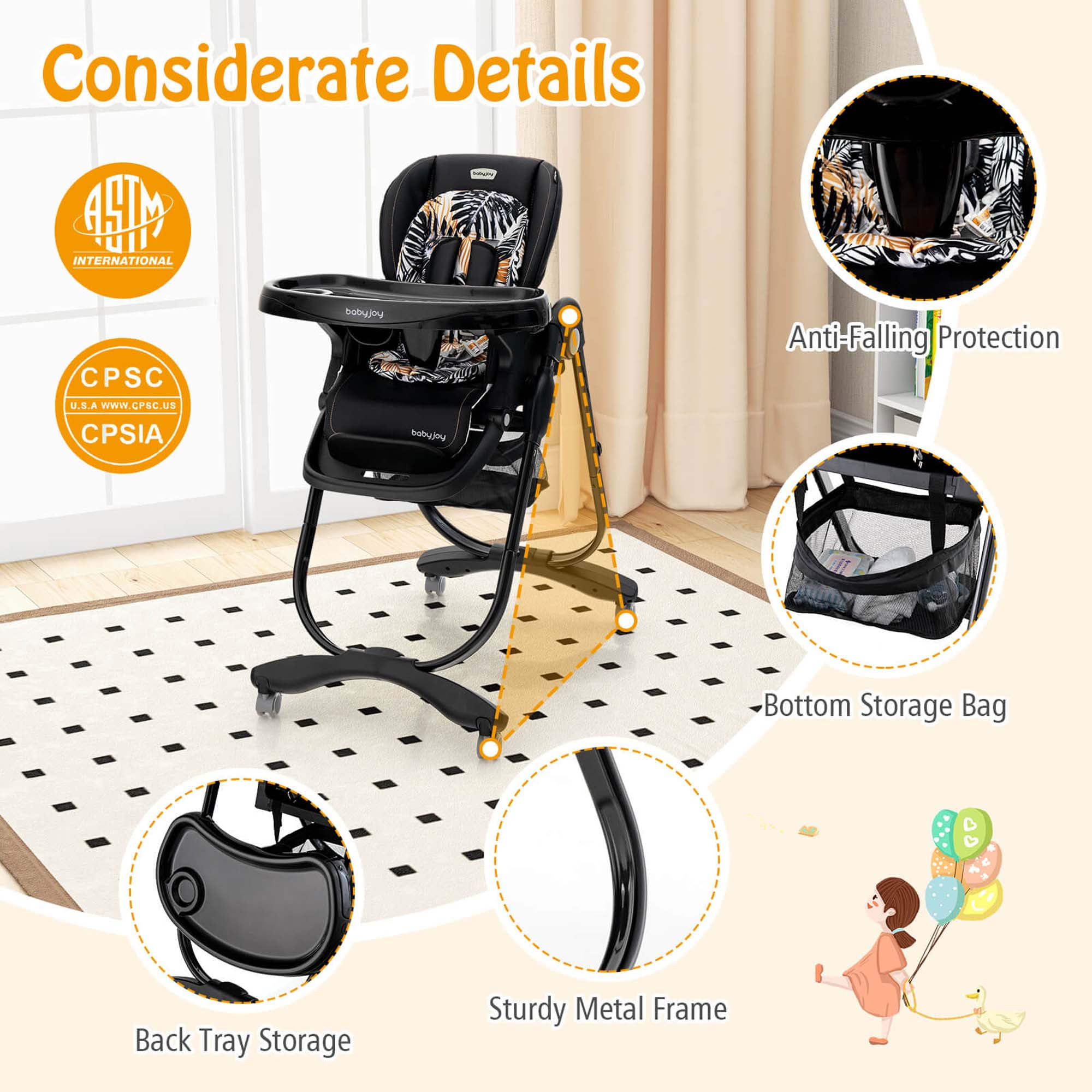 Costway High Chair for Babies & Toddlers with Rolling Wheels Adjustable Height Footrest Black