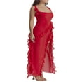 thumbnail image 4 of Femmes Haut Côté Split Mesh Pure Longue Robe Sans Manches Volants Bretelles Irrégulière Ourlet Cocktail Midi Robes Rouge M, 4 of 8