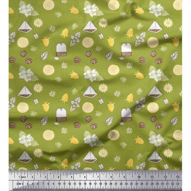 Soimoi Green Poly Georgette Fabric Tea Bag,Star Anise & Lemon Slice Vegetable Decor Fabric Printed Yard 52 Inch Wide