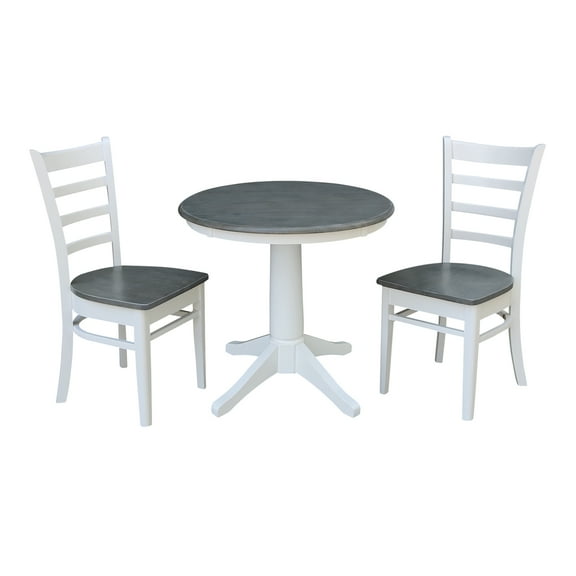 3-Piece Solid Wood Dining Set with 30" Round Top Pedestal Table and 2 Ladder Back Emily Chairs in White/Heather Gray by International Concepts