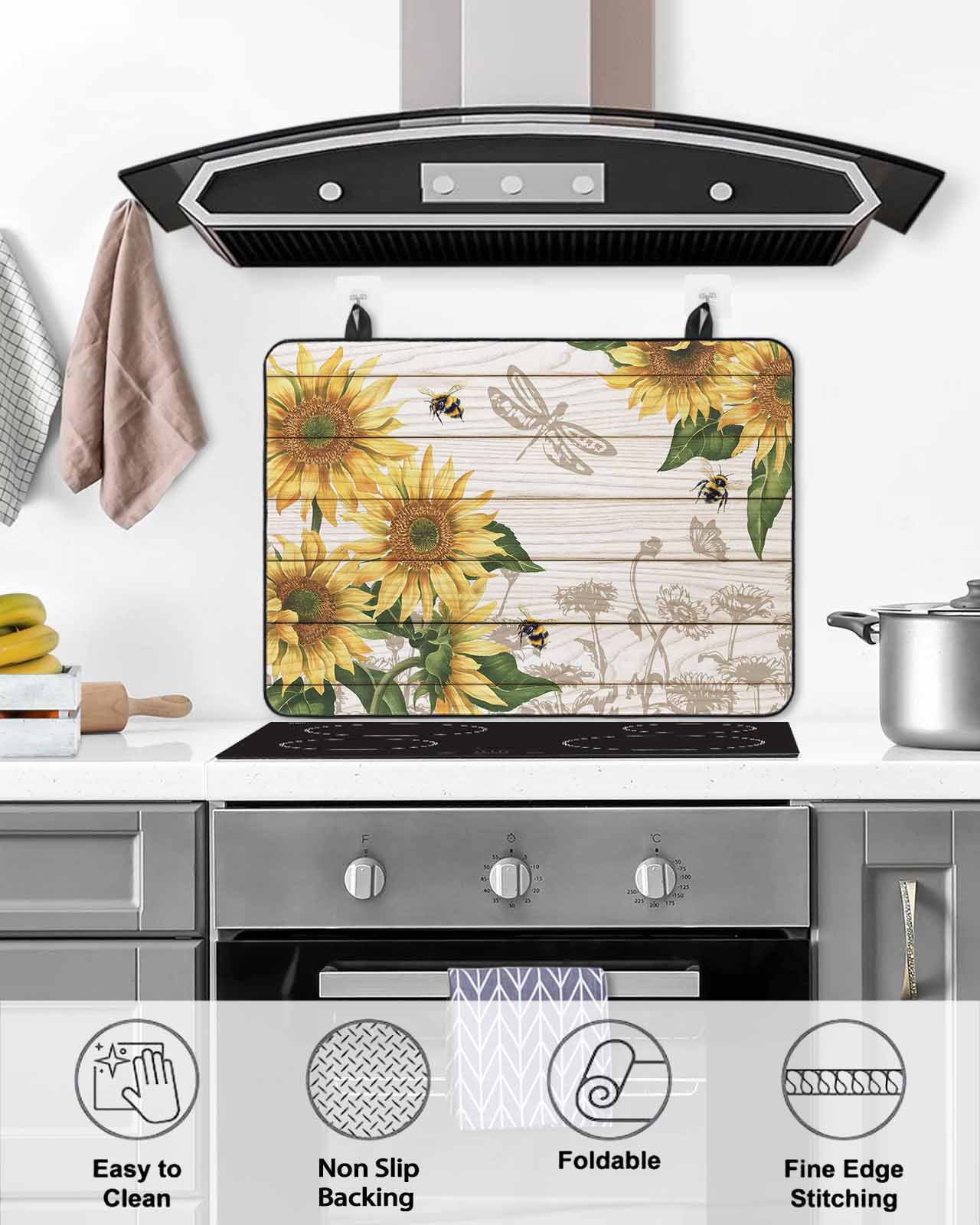 Large Induction Cooktop Protector Mat Sunflowers Stove Top Covers for Electric Stove, Farmhouse Botanical Flowers Bees Wooden Decorative Stove Burner Cover Mats, Glass Top Stove Cover