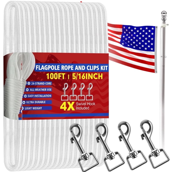 Yalumo 100FT Flag Pole Rope Kit, 5/16” Diameter Nylon Flag Pole Rope Halyard Replacement with 4 Swivel Snap Hooks, Sturdy Flagpole Rope Accessories for Outdoor Flag Poles, Camping & Home Use