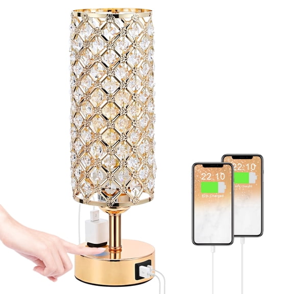 NiteLoom Touch Crystal Table Lamp with USB C&A Charging Ports, 3 Way Dimmable Gold Bedside Nightstand Light for Bedroom, Living Room, Office, Dorm