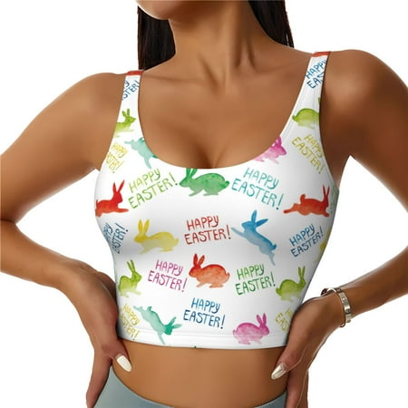 Jgfou Happy Easter Rabbit Print Womens Sports Bra - Padded Workout Sports Bras Crop Tank Top