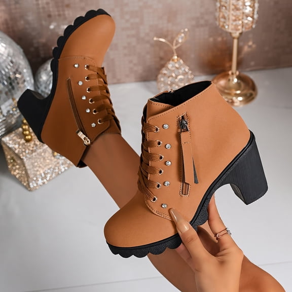 Women Ankle Boots Round Toe Mid Heel Boots with Side Zip Comfort Matte Shoes for Fall Winter Dating Shopping Casual Outdoor Daily Wear