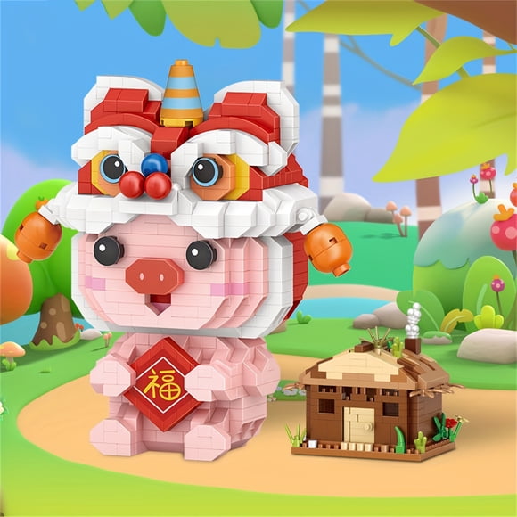 Lucky Little Piggy Building Block Sets Toys, Mini Building Blocks Of Piggy Cartoon Character Model Decorations, Birthday Gifts, Halloween/ Thanksgiving Day/ Christmas Gifts