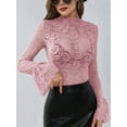 thumbnail image 2 of Women Bell Sleeve Tops Dressy Hollow Out Lace Blouse Party 2025 Fashion Pink M, 2 of 5