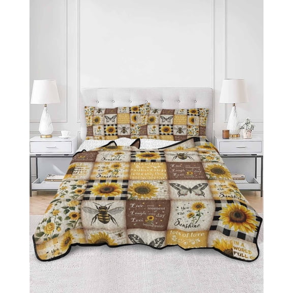 Quilts Twin Size, Sunflowers Soft Comforter Bedding Set for Bed, Retro Country Butterfly Bee Floral Plaid Lightweight Quilted Bedspread with Pillow Cover(2 Pieces) for All Season, 68x86 Inch