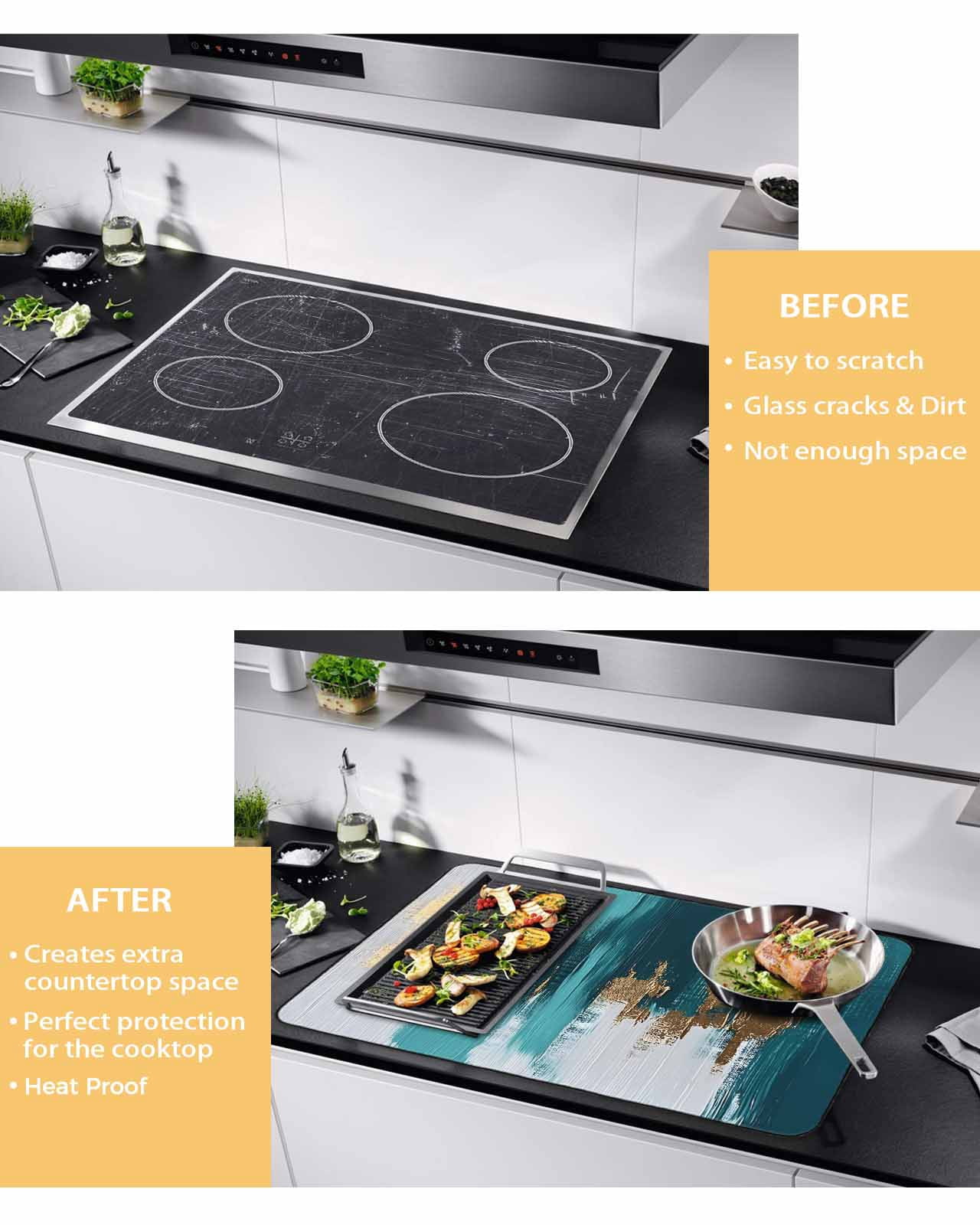 nqOlkjepod Large Induction Cooktop Protector Mat 36"x21", Abstract Teal Green Stove Top Covers for Electric Stove, White Gold Textured Art Decorative Stove Burner Cover Mats, Glass Top Stove Cover