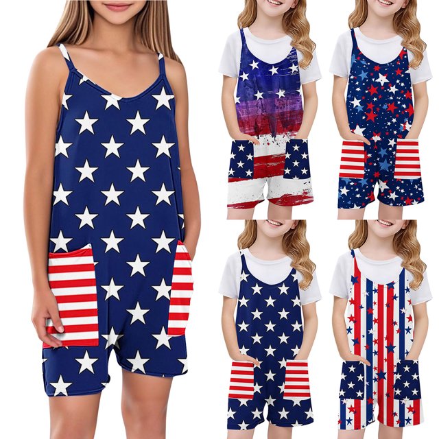 MKOSPLRT Patriotic Overalls for Girl 5-14Y Stars Striped American Flag Jumpsuits Shorts Lightweight Summer Spaghetti Strap Rompers with Pocket