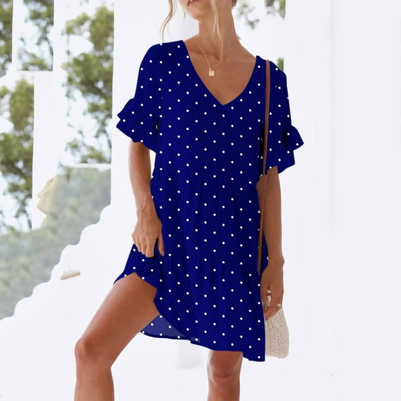 Elvqul Womens Summer Dresses Pullover Mini Dress V-Neck Short Sleeve Holiday Plain Tank Dresses for Women Pockets