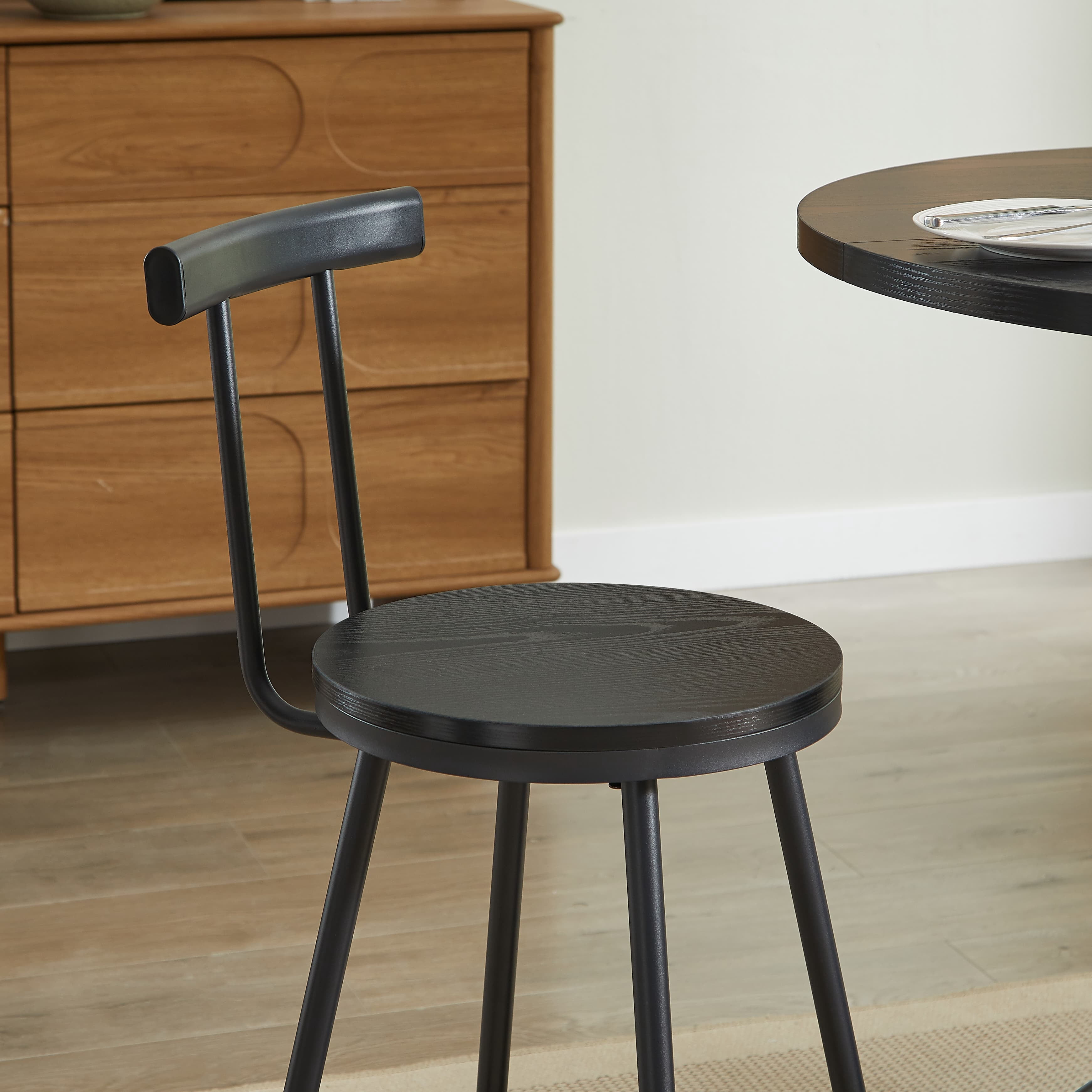 Aukfa Round Dining Table Set for 2, Dining Table with 2 Bar Stools, Storage Base & Footrest,Space-Saving Kitchen & Dining Table Set,Black