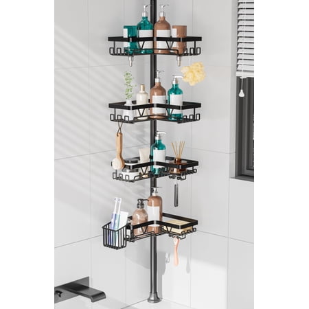Shower Corner Tension Pole With Toothbrush Holder – Adjustable Organizer Tooth Brush No Drilling Rustproof Bathroom Shelf Storage Rack Fits 25-114.2 Inch