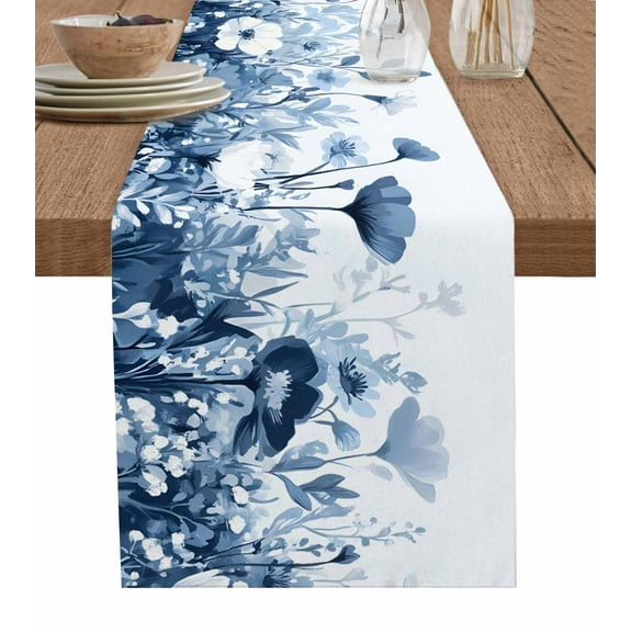 Navy Blue Flowers Table Runner 72 Inches, Summer Pastoral Botanical Bed Runner Dresser Scarves Tabletop for Indoor Outdoor Parties/Ceremony/Banquet, 14" x 72"