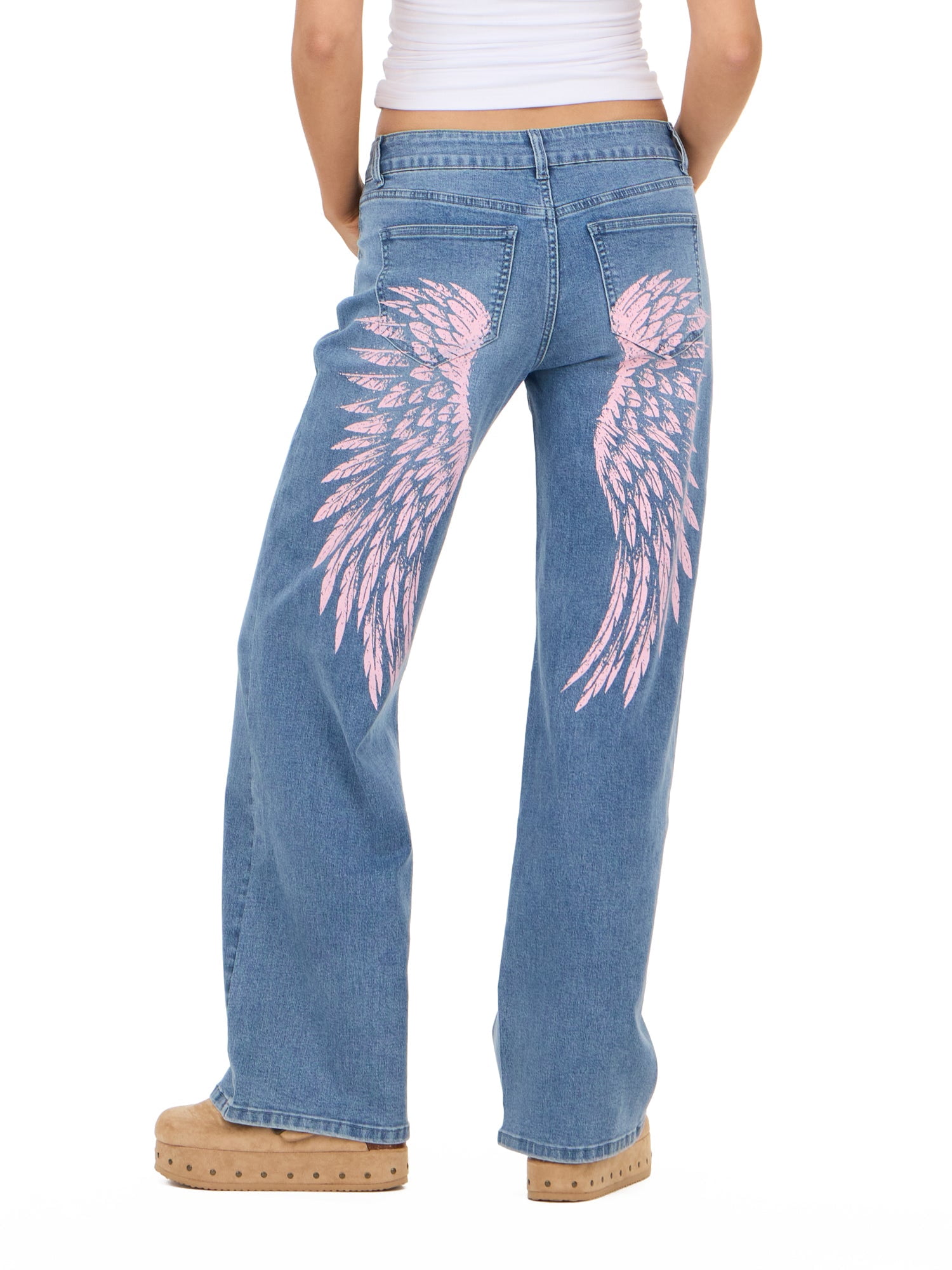 Forever 21 Women's Low Waist Wide Leg Denim Pants with Screen Print, Relaxed Fit Baggy Jeans, Vintage Wash Casual Streetwear, Blue, 00-4X