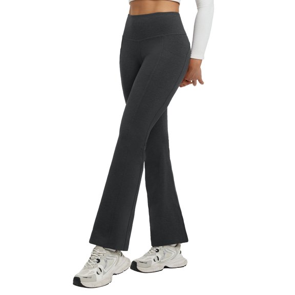 BALEAF Fleece Lined Pants Women Flare Leggings Thermal Warm High Waist Winter Yoga Pants with Pockets Heather Black M
