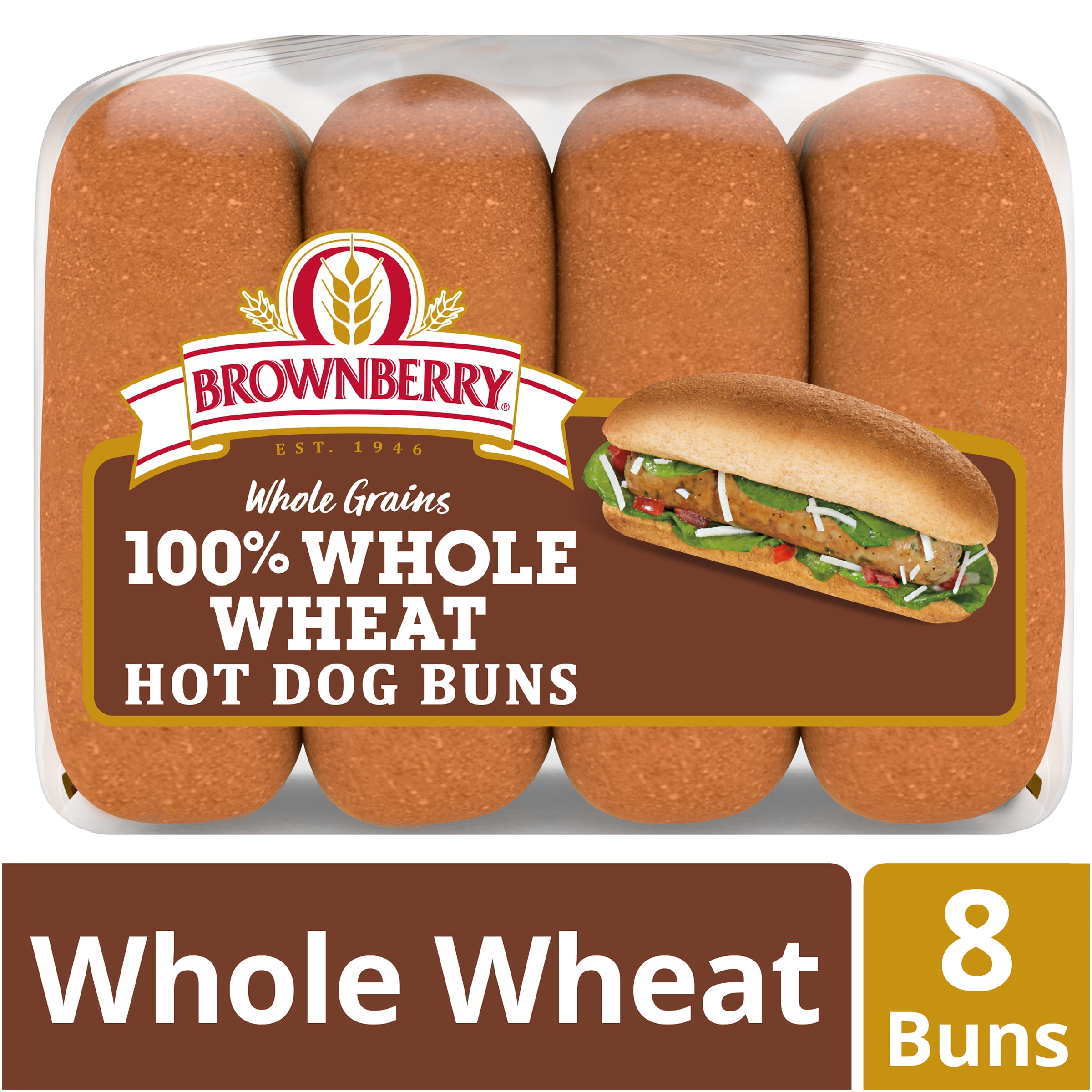 Brownberry Whole Grains 100 Whole Wheat Hot Dog Buns, Soft & Hearty, 8