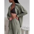 thumbnail image 5 of 2 Piece Outfits for Women Casual Lounge Sets Long Sleeve Button Down Shirts and Wide Leg Pants Sets  Green L, 5 of 8