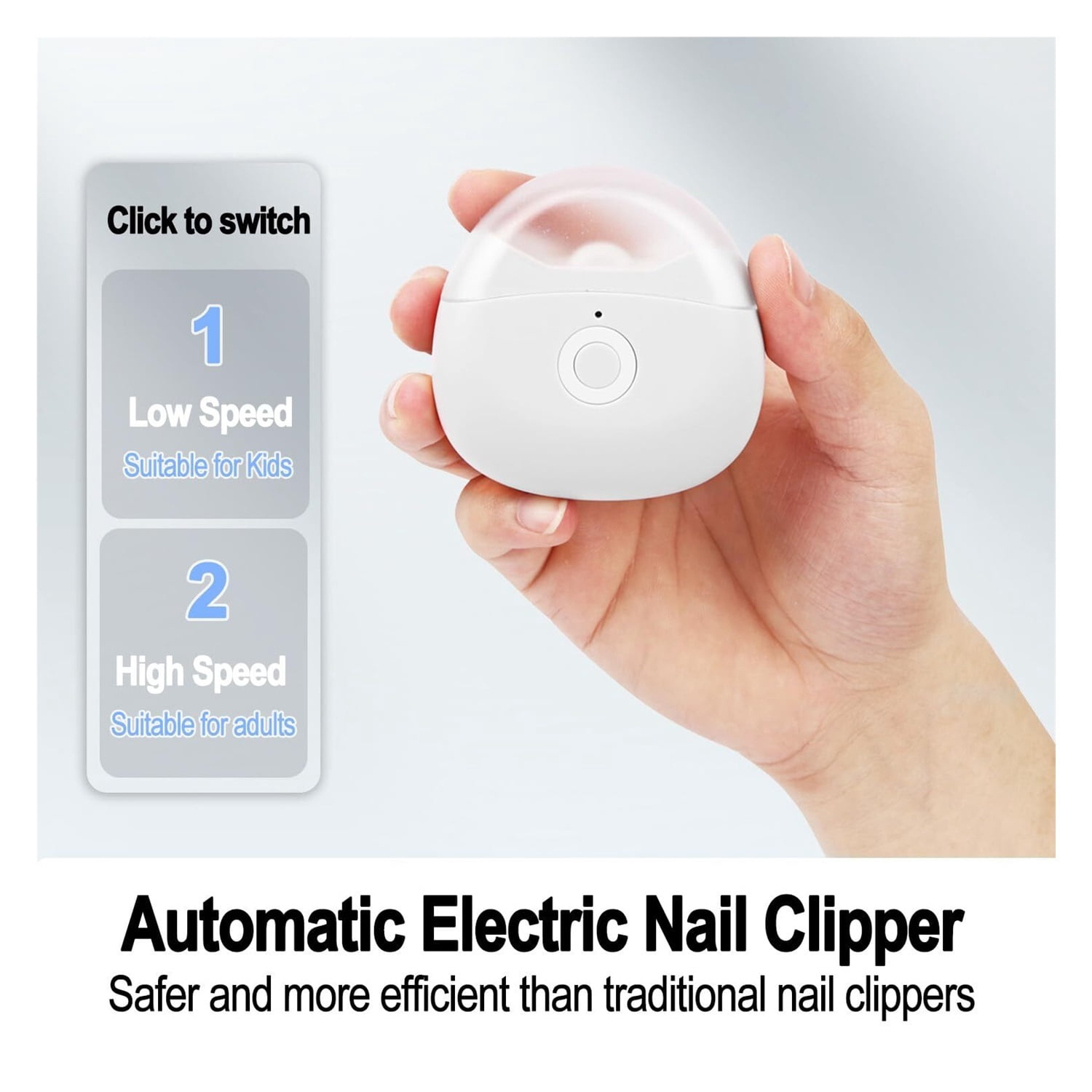 Automatic Electric Nail Clipper with LED Light & 2 Speeds with Nail Scraps Storage, USB Rechargeable Safety Fingernail Trimmer for Baby, Children, Kids, Adult, Seniors and Caregivers, White