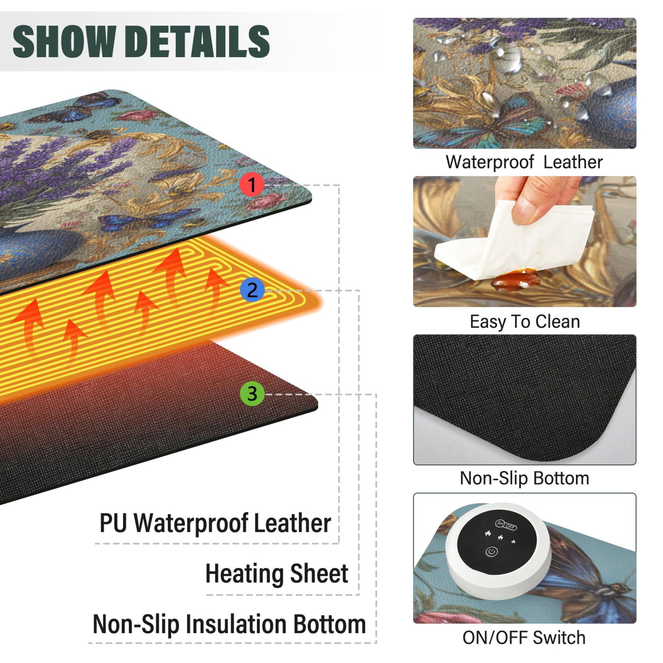 Large Heated Desk Mat Mouse Pad 31.5"x13"PU Leather Graphene Heating Desk Warmer with 3 Temperature Settings 110V US Plug Non-Slip Warm Pad for Home, Office, and Gaming Vibrant Lavender in A Vase