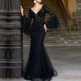 thumbnail image 2 of Quixlent Women Evening Dress V Neck See-through Lace Embroidery Flared Sleeves Ball Gown A-line Fishtail Hem Slim Fit Cocktail Party Prom Banquet Maxi Dress, 2 of 8