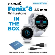Garmin Fenix 8ÂÂ 43 mm, AMOLED Multisport GPS Smartwatch, Silver with Whitestone Silicone Band, Built-in LED Flashlight with Black EarBuds