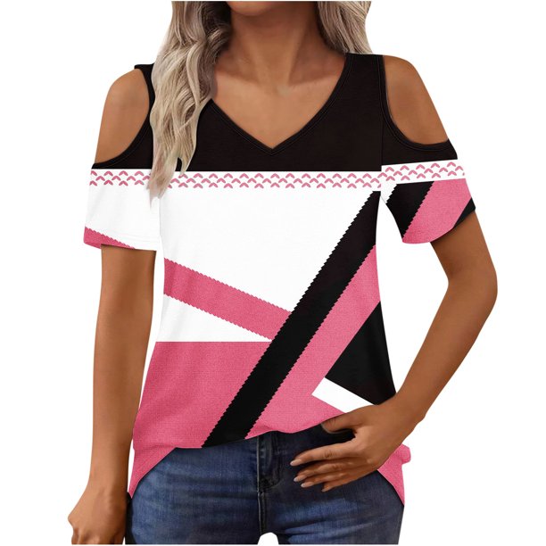 Puntoco Liquidación de blusas cortas para mujer, blusas estampadas para mujer, blusas de manga corta con escote en V y hombros descubiertos, blusas de moda