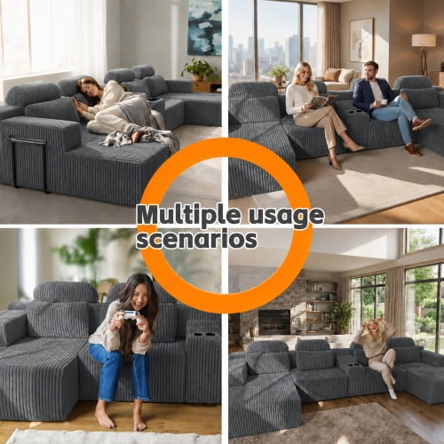 145.7 Inch Oversized U-Shaped Modular Sectional Sofa with Lounge Chaise, Cup Holders & Hidden Storage - Compression Sofa for Home Theater & Luxury Living Room, Dark Gray