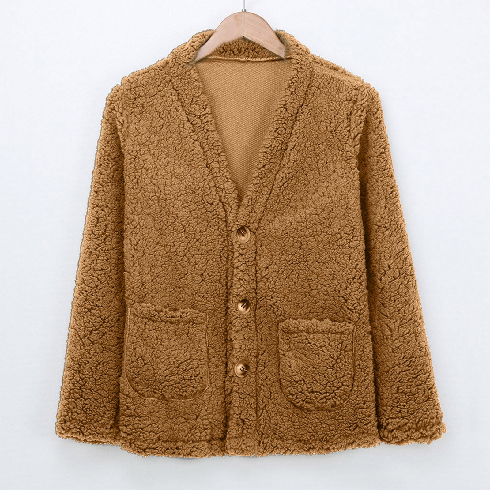 Fashion Women Casual Long Sleeve Button Solid Pocket Cardigan Tops Blouse Plush Coat Casual Cardigan Coat Lightweight for Fall Winter