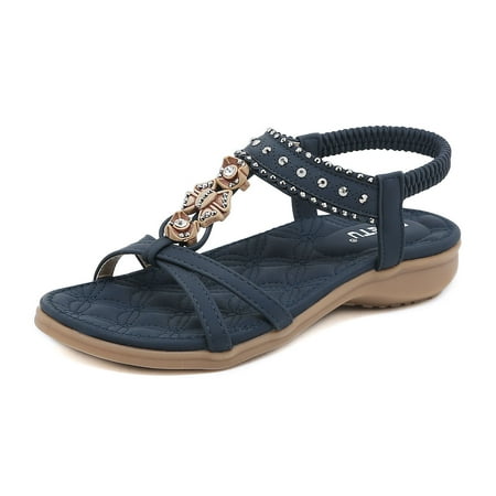 

Jsezml Womens Gladiator Sandals Rhinestone Elastic Ankle Strap Flats Open Toe Wedge Sandals Casual Comfort Walking Shoes