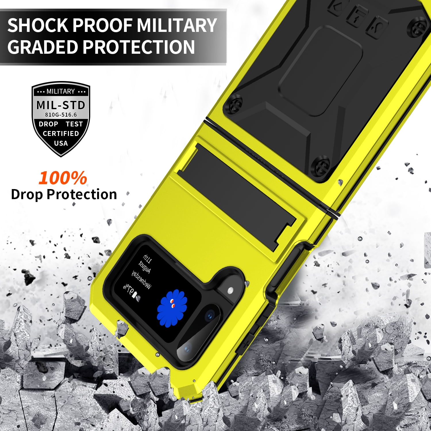 ELEHOLD for Samsung Galaxy Z Flip 4/3 6.7" Case, Heavy Duty Armor Built-in Explosion-Proof Tempered Glass Screen Protector Wireless Charging Hang Rope Hidden Kickstand Shockproof Rugged Case,Yellow