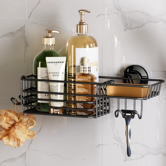 Shower Caddy TAILI - Ventosa con ganchos y soporte para jabón, color negro