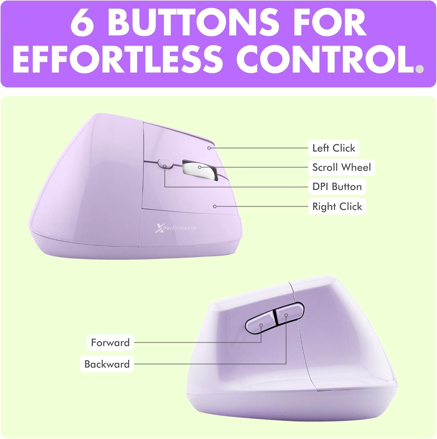 X9 Performance Wireless Vertical Ergonomic Mouse - (BT + 2.4Ghz) - Click in Comfort - Up to 4000 DPI, 6 Button, Rechargeable - Bluetooth Ergonomic Vertical Mouse Wireless - For Mac and PC - Purple