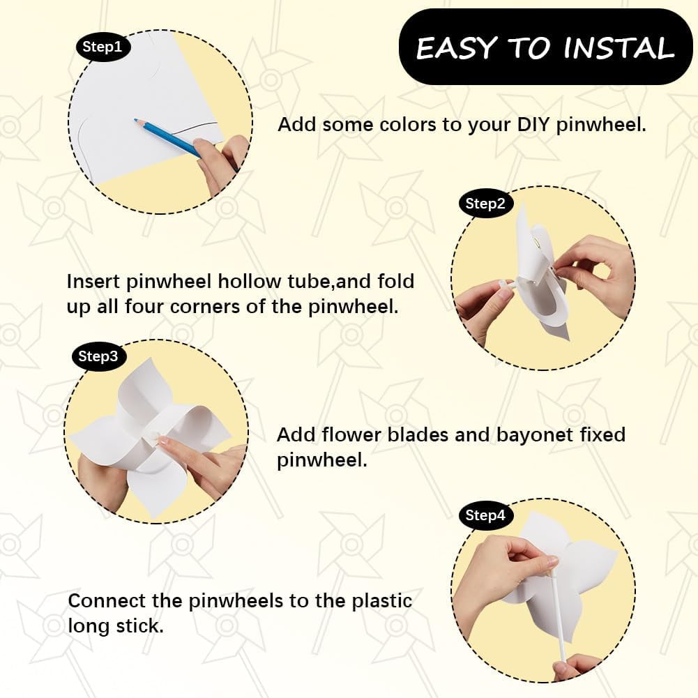 1Set 48 Sets Paper & PVC Blank DIY Pinwheels Craft for Kids Art and Craft White 155x155x0.2mm