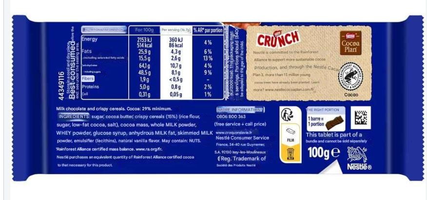 Nestle Crunch Chocolate Bar 100g (Pack of 6)