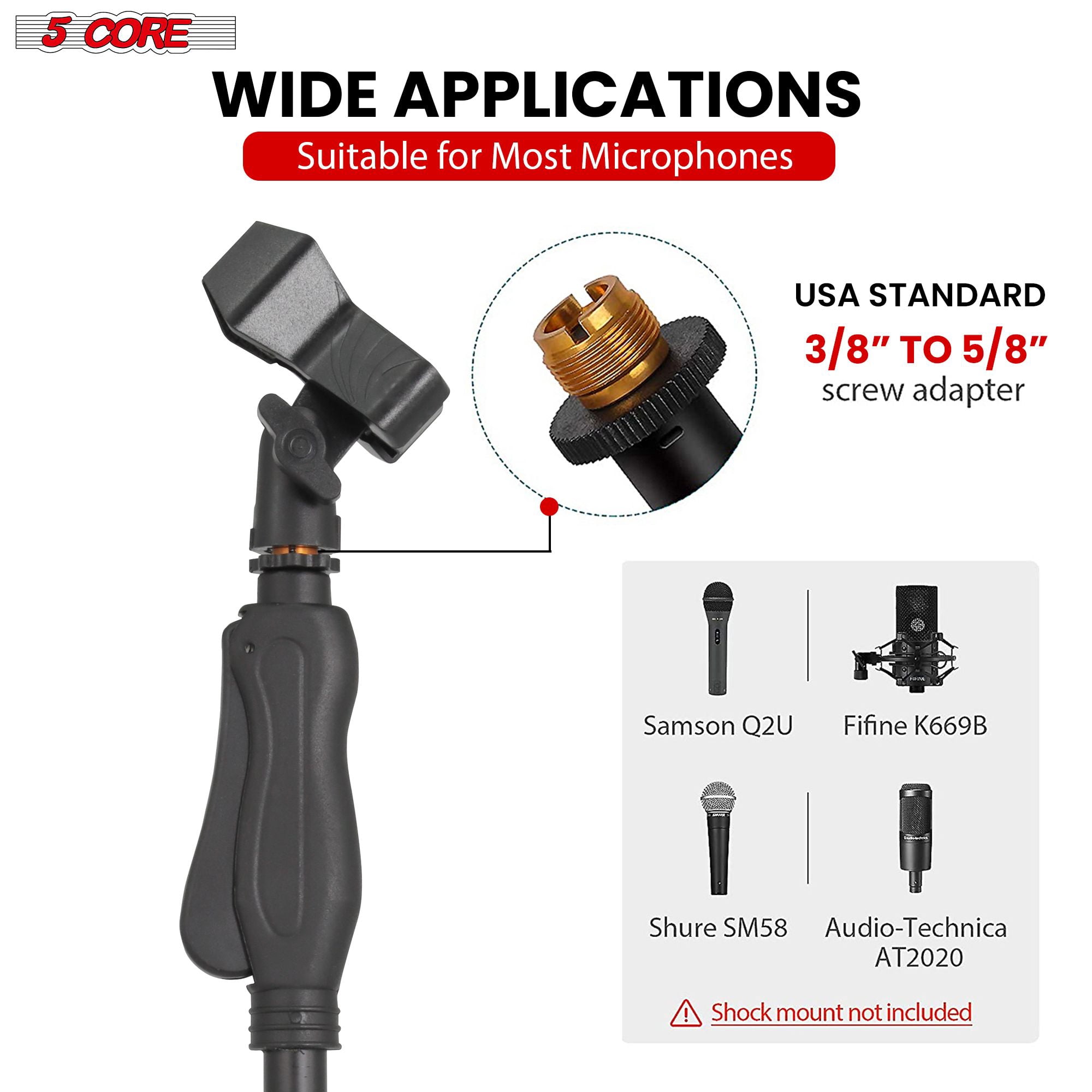 2Pcs Heavy Duty Adjustable Floor Mic Stand (35-57") w/Quick-Setting Knob & Accessories - 10" Base, 2 Clips, Wire Management