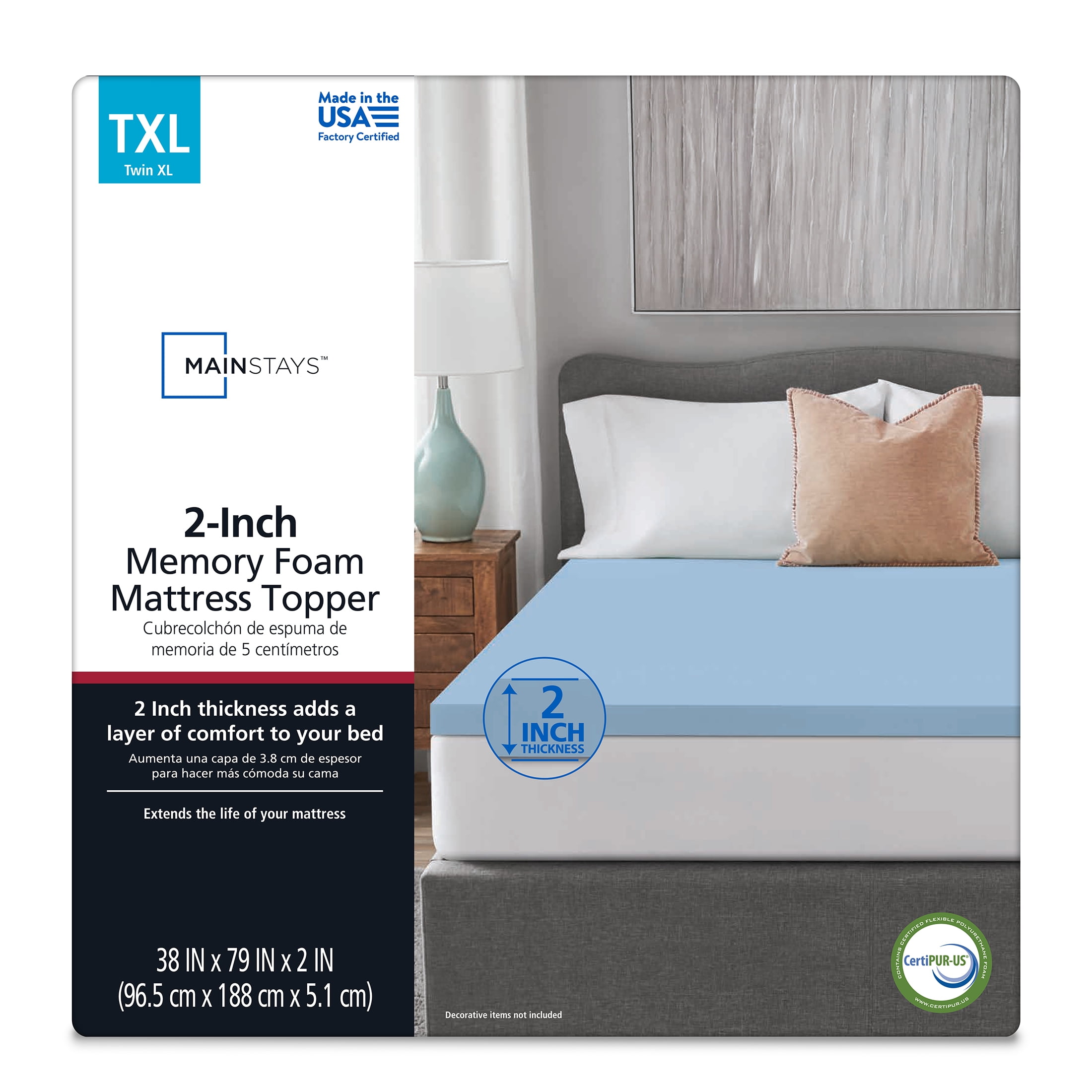 Mainstays 2" Memory Foam Mattress Topper, Twin XL