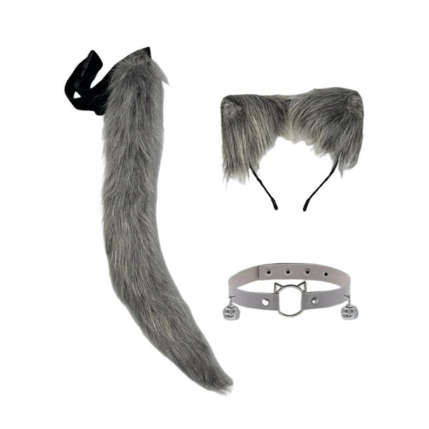 Juego de 3 diademas con orejas y cola de gato para fiestas, espectáculos y cumpleaños. Gris