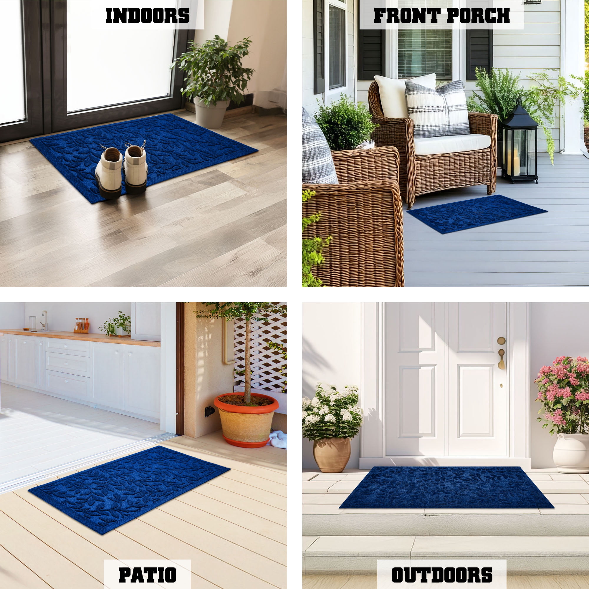 G128 23x35in Blue Floral Leaf Welcome Mat, Outdoor Front Door Rug for Entryway, Durable Doormat for Porch, Patio, or Indoor/Outdoor Use