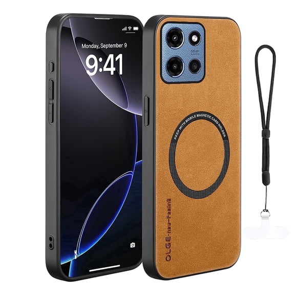 Allytechgroup Anti-Scratch Leather Soft Shell Bumper Cell Phone Case with Hand Strap for Motorola Moto G Power 5G 2025, Brown