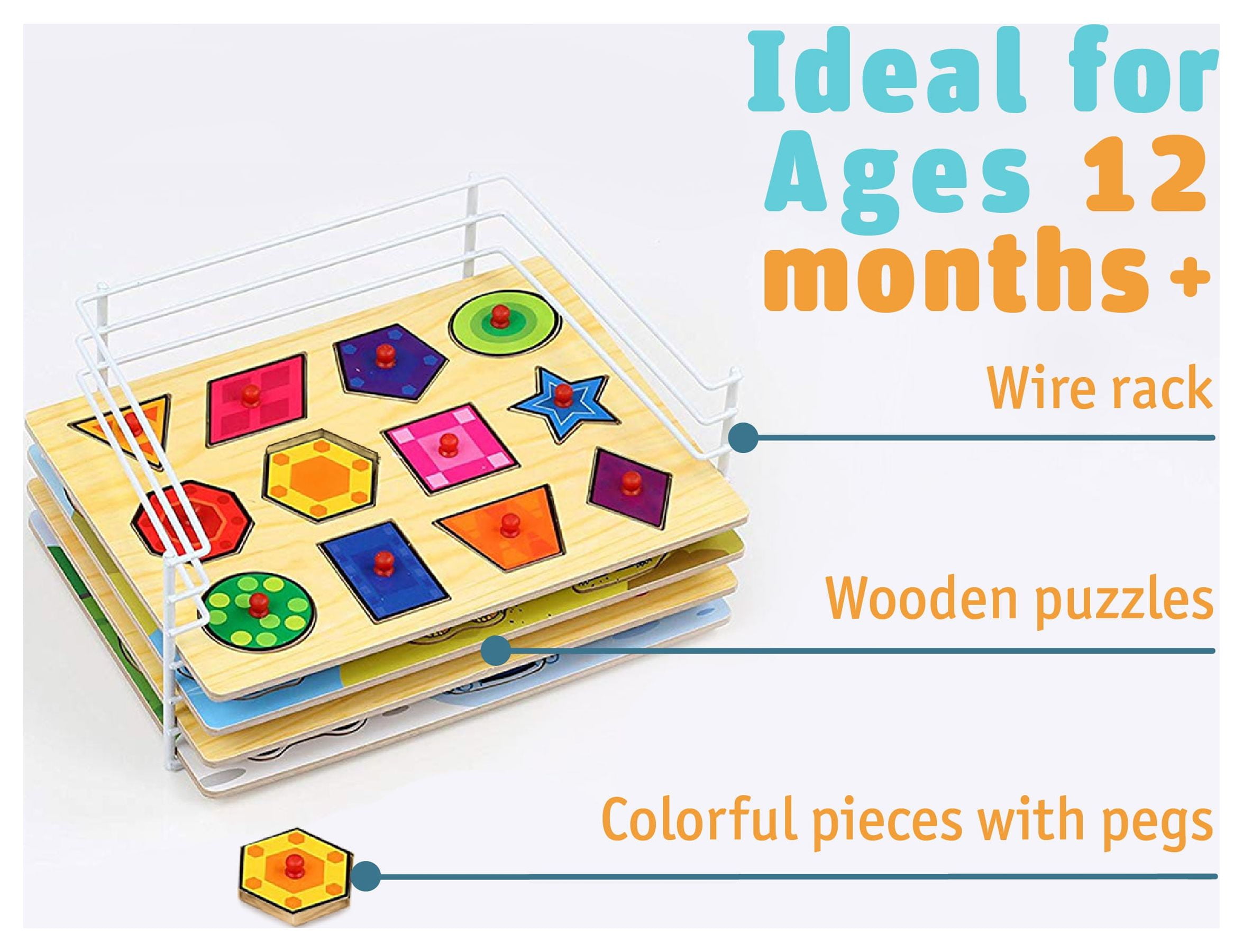 Wooodlify wooden puzzles for toddlers 1-3 with rack - 6 pack
