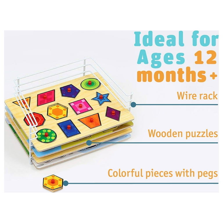 Wood City Toddler Puzzles and Rack Set, Wooden Peg Puzzles Bundle with Storage Holder Rack, Educational Knob Puzzle for Kids Age 2 3 4 Years 